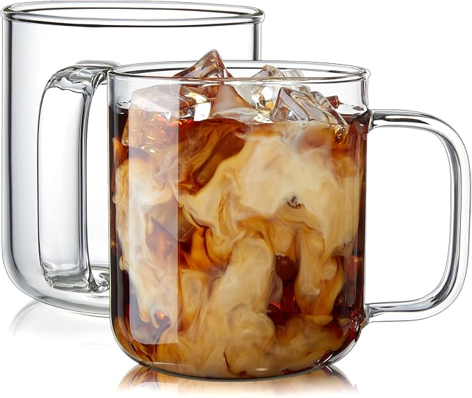 Glass Coffee Mugs, 14 oz iced coffee cups, Clear Tea Cups Set of 2, Glass Mugs with Handles, Glass Cups for Latte, Cappuccino, and Tea