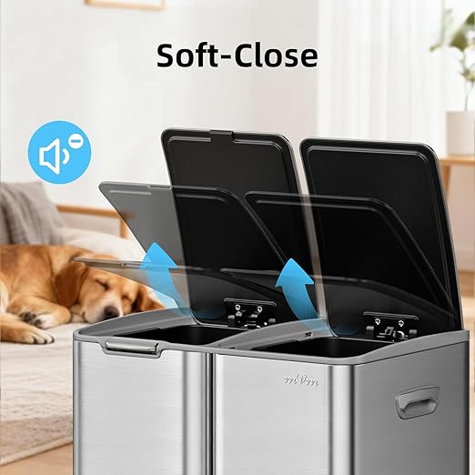 mVm 16 Gal Kitchen Trash Can, 3 Compartment Garbage Can, Heavy Duty Anti Fingerprint Brushed Recycling Bin for Office Home（Tin）