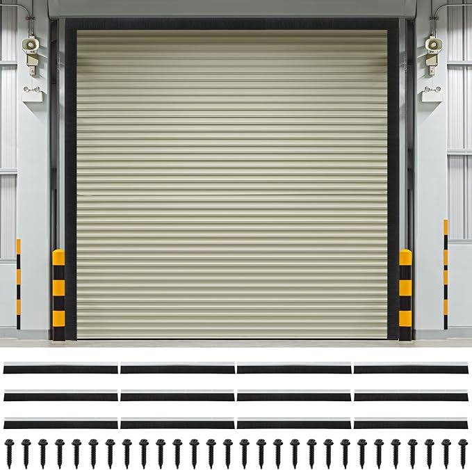 DoubleFill 14 x 14 ft Garage Door Brush Seal Kit, 3 Inch Roll up Door Seal with Aluminum Track, Heavy Duty Nylon Brush for Commercial Doors, Warehouse Barn, Energy Saving, Pest Proof, Black