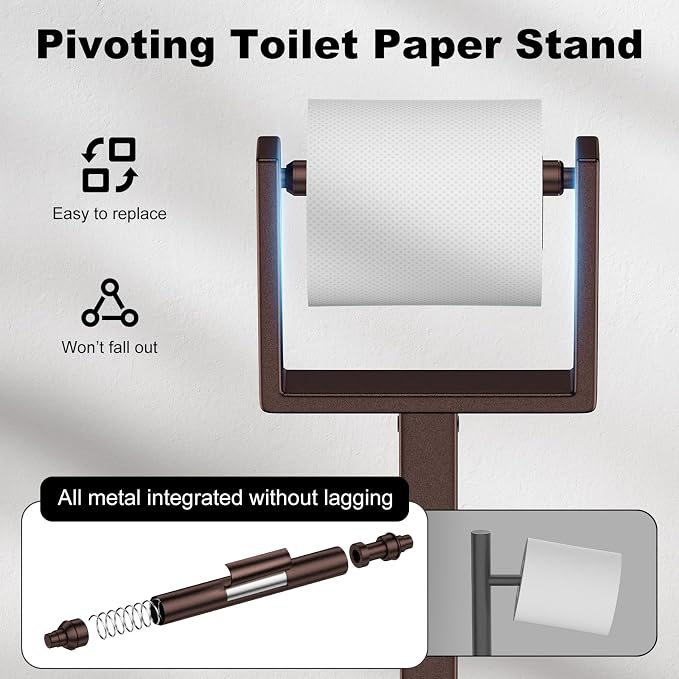 Bronze Toilet Paper Holder Stand，Stainless Steel Toilet Paper Holder Free Standing，Stable Weighted Base Floor Tissue Roll Holder for Bathroom，Modern Pivoting Toilet Paper Stand