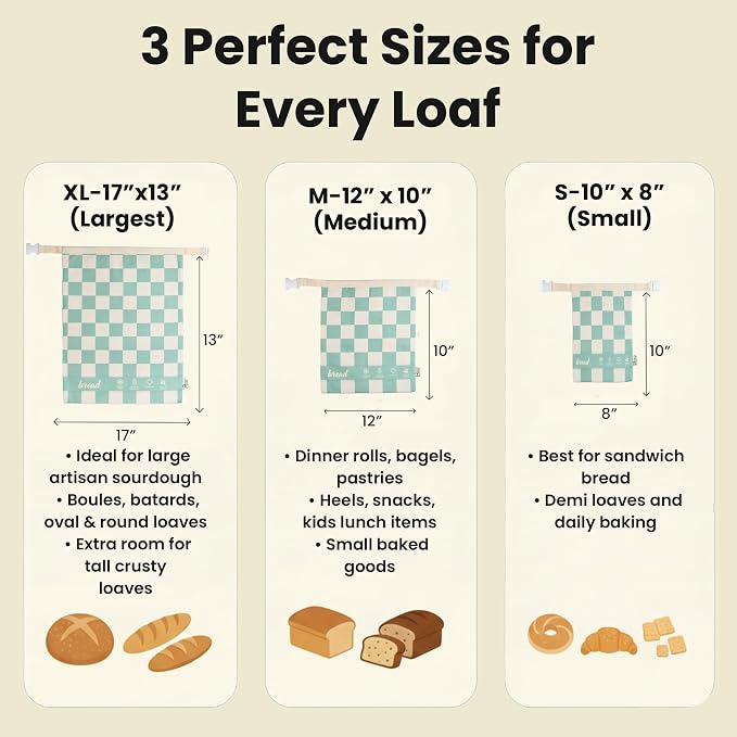 3-Pack Premium Reusable Beeswax Bread Bags for sourdough (XL, M, S) | 100% Organic Cotton, Secure Lock Closure, Freezer-Safe, Bread Storage, Breathable & Freshness Support, Eco-Friendly Bread Bag
