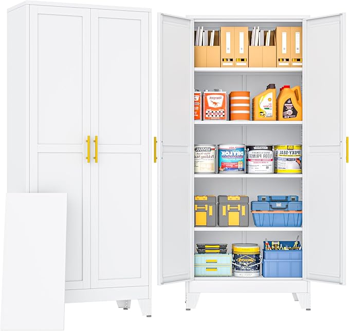 PAOFIN 71" Metal Storage Cabinet with 2 Doors and 4 Adjustable Shelves,White Metal Garage Storage Cabinets, File Cabinet,Steel Tool Cabinets for Home,Office,Garage,School,Warehouse