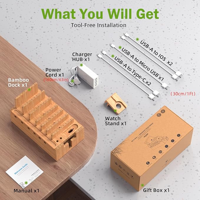 Pezin & Hulin Bamboo Charging Station for Multiple Devices with 5 Port USB Charger, 5 Cables and Watch Stand. Wood Desktop Docking Stations Organizer for Cell Phone, Tablet, Watch, Office Accessories | All-in-One, 5-Port USB HUB Included, 8-Device Orga...
