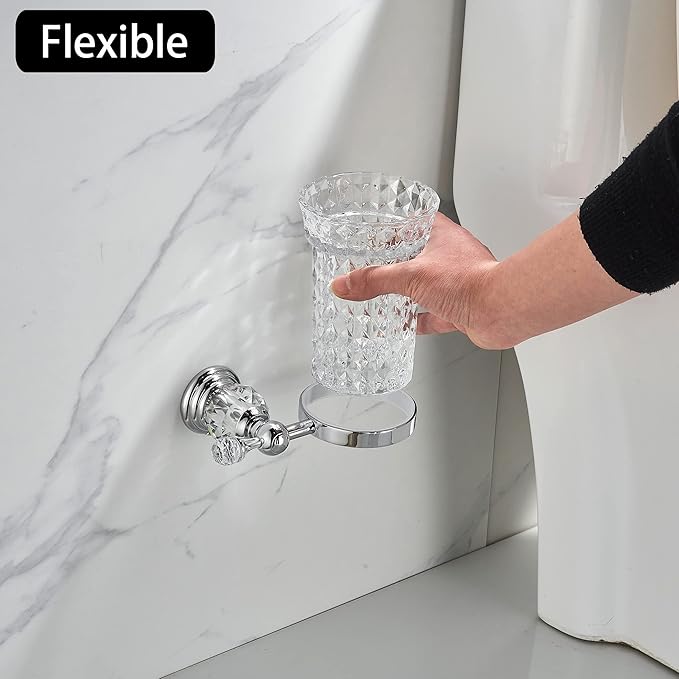 WOLIBEER Crystal Toilet Brush Holder, Chrome Toilet Cup Set with Polished Silver Brush Handle Wall Mounted for Bathroom - Decorative Design,Space Saving.
