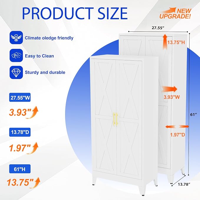 GAIOUS 61" Tall Kitchen Pantry Cabinet,Metal Storage Cabinet White Cupboard | Steel Office Cabinet, Freestanding Bookcase with 2 Doors and 3 Adjustable Shelves, Bathroom Kitchen Bedroom Garage Cabinet