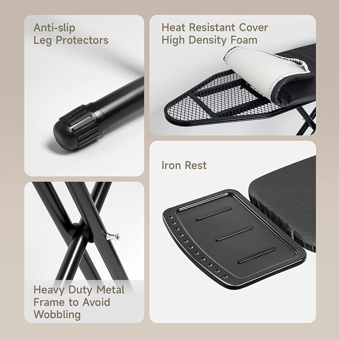 Duwee 13"x38" Ironing Board with Heat Resistant Cover and 10mm Foam | Ironing Boards Full Size with Silicone Steam Iron Rest, Adjustable Height,Heavy Sturdy Legs,Black
