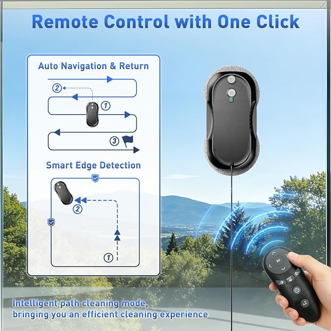 KKI Window Cleaning Robot, Upgrade Window Cleaner Robot, Auto Spray, Max 6400pa,3 Cleaning Modes & Edge Detection, Remote Control for High-Rise Windows, Glass Door,4Sets Cloths,Black
