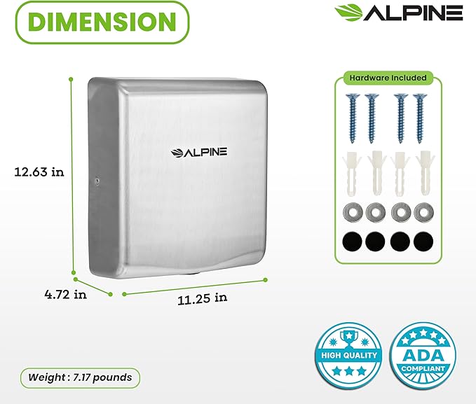 Alpine Commercial Hand Dryer with HEPA Filter, 8 Seconds Extreme Speed Electric Hand Dryer for Home Bathroom/Restaurant with Heat & Speed Control - ADA Compliant (120V Stainless Steel)