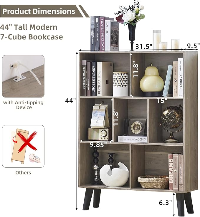 LEYAOYAO Cube Bookshelf, Mid-Century Modern Book Shelf with Legs,Retro Grey | 3 Tier Bookcase, Rustic Wood Bookshelves Freestanding Small Storage Organizer, Open Shelves for Bedroom, Living Room, Office