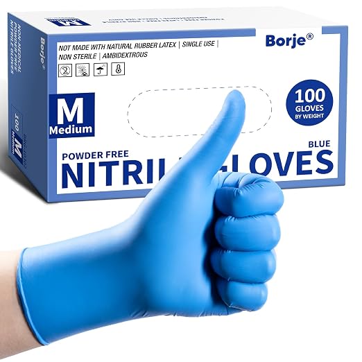 Borje Nitrile Exam Gloves Medium, 100 Count Disposable Gloves, Blue | Latex-Free Powder-Free, Food Safe, Cooking, Cleaning