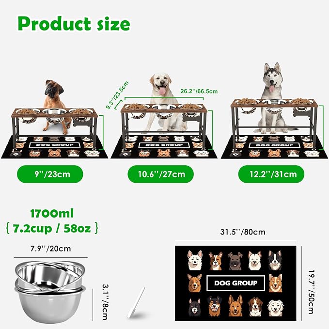 SHAINFUN Adjustable Height Elevated Dog Bowl Stand – Wooden Raised Dog Bowls with Three 58oz Stainless Steel Bowls & Mat for Small to Large Dog Breeds