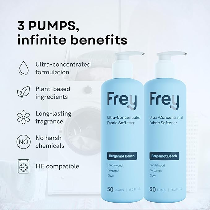 FREY Natural Liquid Fabric Softener and Conditioner | HE Laundry Softener for All Machines | Plant-Powered Eco Friendly Formula | 2-Pack, Bergamot Beach