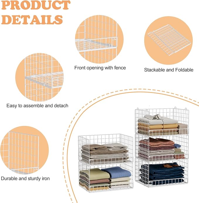 Yociyoga 5-Tier Stackable Closet Organizers and Storage Basket - Foldable Closet Shelf Organizer System, Space-Saving Clothes Storage Bins Drawer Organizer for Wardrobe, White (Patent 30022416)
