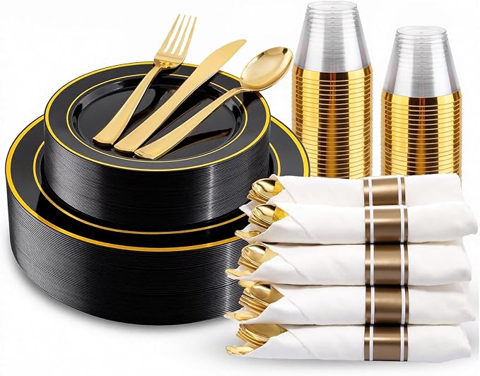 WDF Partyware 175PCS Black and Gold Plates - Black Disposable Plates for Party - 25Guests Disposable Dinnerware Set for Wedding/Party/Birthday/Halloween