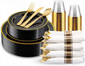 WDF Partyware 175PCS Black and Gold Plates - Black Disposable Plates for Party - 25Guests Disposable Dinnerware Set for Wedding/Party/Birthday/Halloween