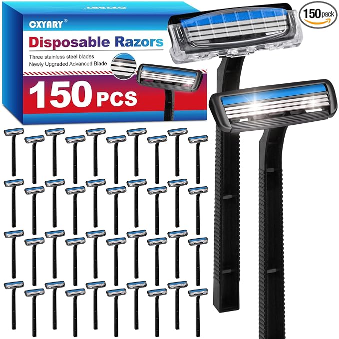CXYARY 150 Pcs 3 Blade Disposable Razors With Clear Safety Cap, Shaving Razors Bulk for Men &Women, Stainless Steel Blade, Multipurpose Portable Shave Razor for Bathing Hotel Travel, Black