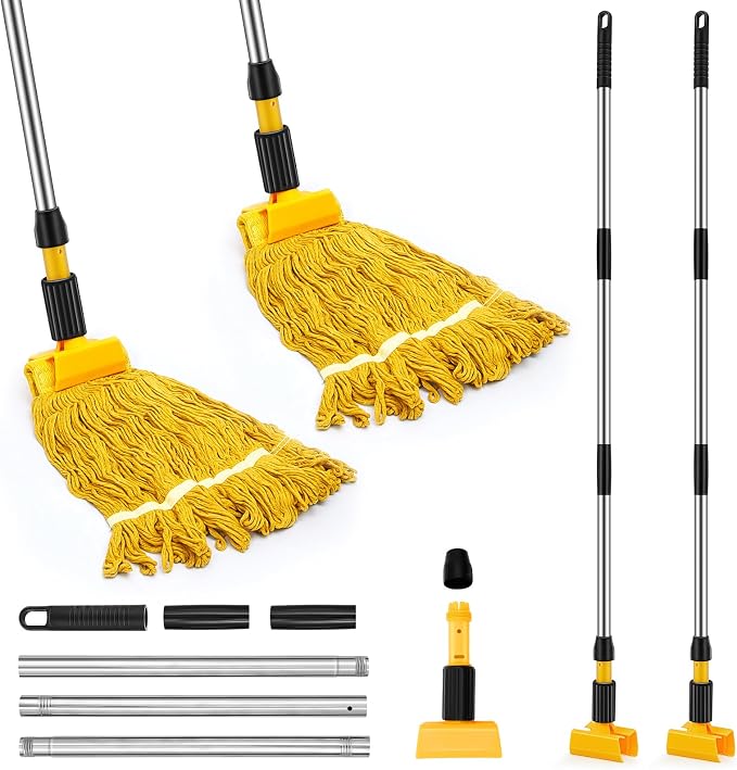 Thyle 2 Pack Stainless Steel Commercial Mop Handle for Floor Cleaning, 3 Section Replaceable Mop Stick Replacement with Jaw Clamp, Heavy Duty Replacement Pole for Home Garage Office, 55 Inch