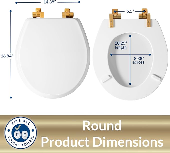 Mayfair Bennett Toilet Seat with Brushed Gold Hinges, Slow Close Wood Seat, Secure Metal Hinges, Easy Install, Made in USA, Round, White