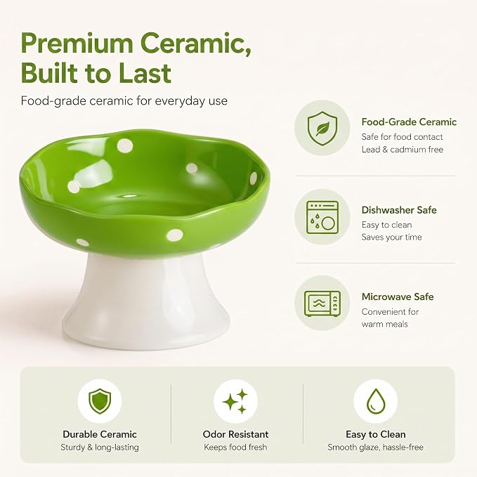Green Mushroom Cat Bowl, Elevated Ceramic Bowl for Cats | Elevated, Ceramic, Whisker Friendly, Wide Opening, Anti Vomiting