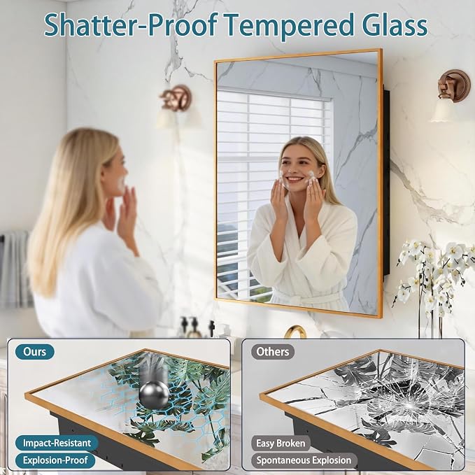 Brushed Sliver Metal Medicine Cabinet Right-Angled Rectangle-Design,Bathroom Mirror with Storage, Recessed or Surface Mounted, 2 Adjustable Metal Shelves (Brushed Gold, 24x32)