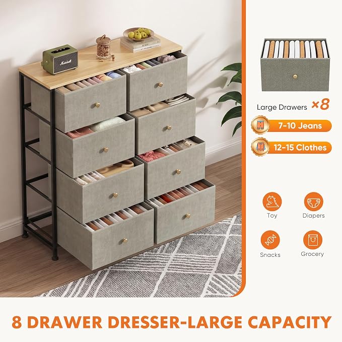 Sweetcrispy 8 Drawer Dresser for Bedroom Tall, Organizer Storage Drawers | Fabric Storage Tower, Chest of Drawers with Steel Frame, Wood Top for Living Room, Closet, Dark Green