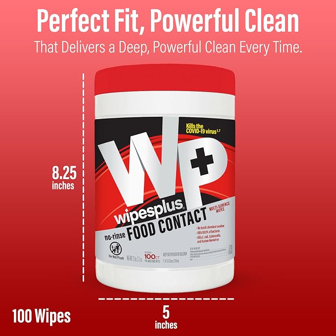 WIPESPLUS Cleaning Wipes All Purpose Food Contact - No Rinse, No Residue, Quick Dry Formula, Disinfecting Wipes For Restaurants, Foodservice, Schools - Canister, 100 Count, (Pack of 12)
