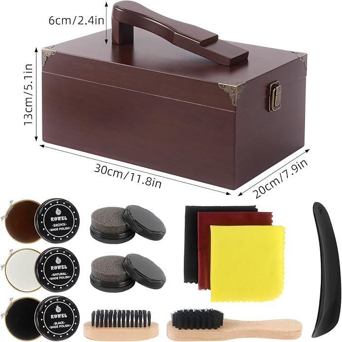 13Pcs Shoe Shine Box Set, Wooden Shoe Polish Kit, Leather Shoe Care Kit for Men & Women