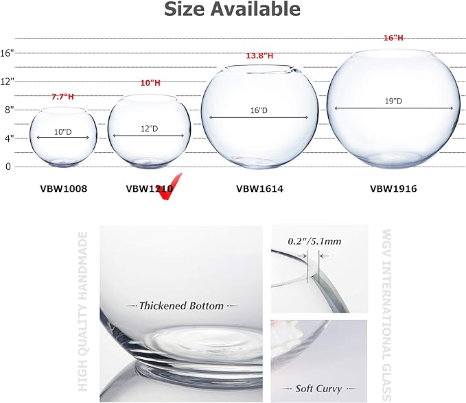 WGV Large Bowl Glass Vase, Diameter 12", Height 10", (Multiple Sizes Choices) Clear Round Bubble Vase Jar, Floral Planter Terrarium for Wedding Event Home Decor, 1 Piece (VBW1210)