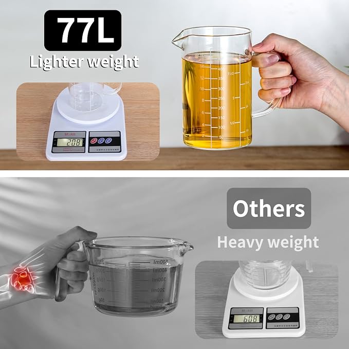 77L 2 Cup Glass Measuring Cup, [Insulated handle, V-Shaped Spout], High Borosilicate Glass Measuring Cup for Kitchen or Restaurant, Easy To Read, 500 ML (0.5 Liter, 2 Cup)