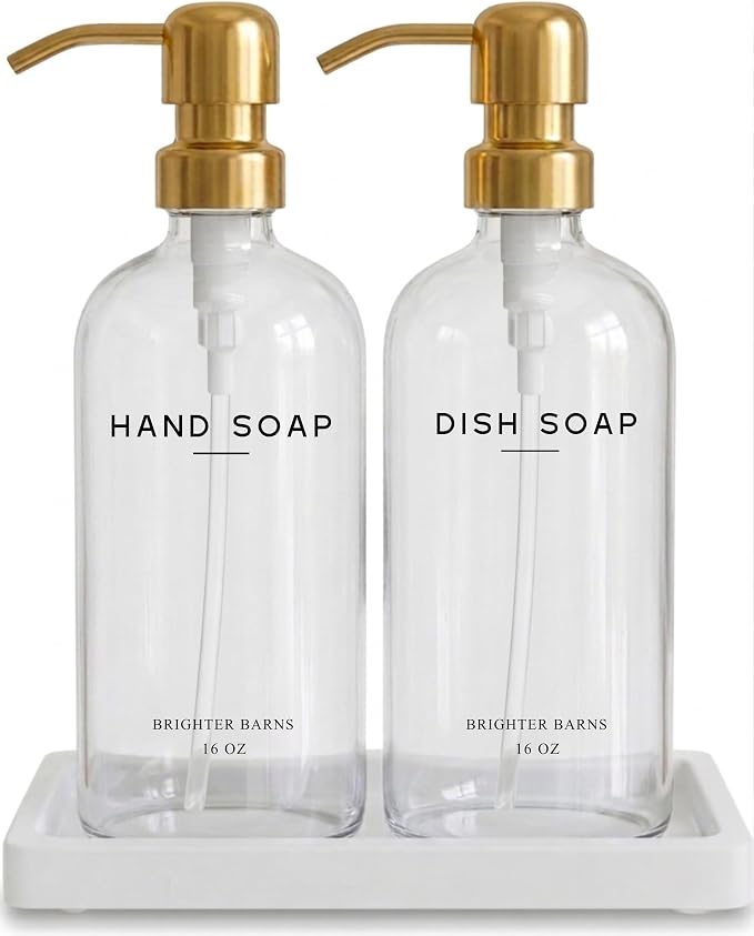 Luxury Glass Hand and Dish Soap Dispenser Set by Brighter Barns - Gold Kitchen Soap Dispenser Set with Stainless Steel Pumps and Ceramic Tray - Modern Kitchen Decor for Home, Airbnb, Gift (Clear/Gold)