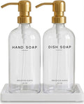 Luxury Glass Hand and Dish Soap Dispenser Set by Brighter Barns - Gold Kitchen Soap Dispenser Set with Stainless Steel Pumps and Ceramic Tray - Modern Kitchen Decor for Home, Airbnb, Gift (Clear/Gold)