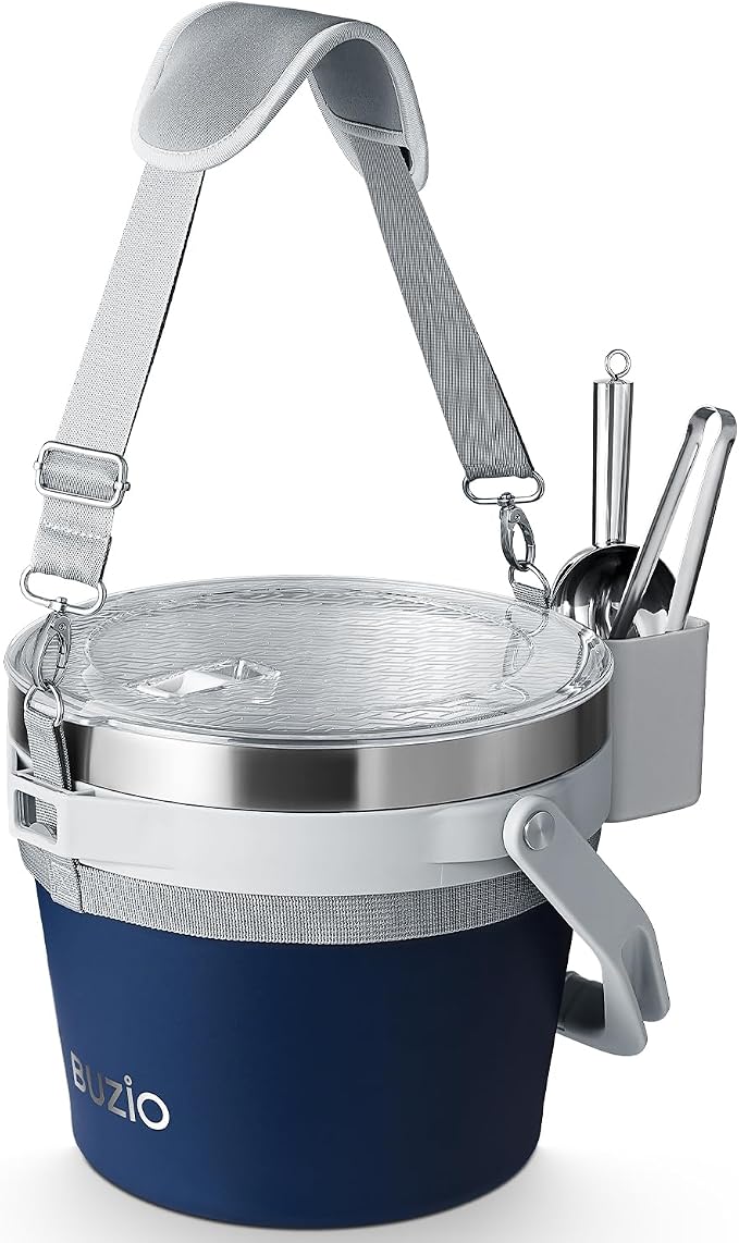 BUZIO 7 L Double Wall Ice Bucket for Parties with Lid and Scoop & Tongs | Insulated Vacuum Stainless Steel Ice Buckets with Handle and Adjustable Shoulder Strap, Fits 6 Longnecks or 3 Wine Bottles