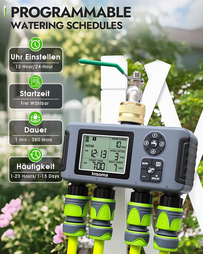 Insoma 4-Zone Water Timer with Brass Inlet, Automatic Garden Hose Timer with Manual/Rain Delay & Large Display, IPX5 Waterproof Faucet Timers for Sprinkler System, Yard, Lawn, Greenhouse