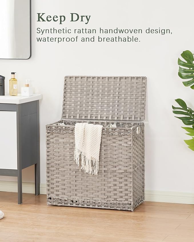 SETVSON Laundry Hamper with Lid Laundry Basket 132 L PE Rattan, Gray | 35 Gal PE Rattan Hamper with Lid, 4 Removable Washable Liners, 6 Mesh Laundry Bags, Steel Frame, Side Handles