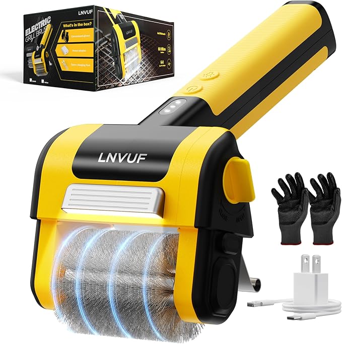 Electric Grill Brush, Grill Cleaner with LED Light, with 800 RPM Motor, Heavy Duty Grill Cleaning Tool (Yellow), Personalized Father s Day Gift s for Dad