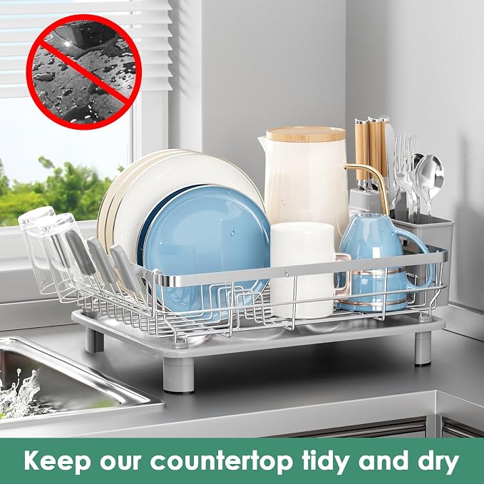MOUKABAL Stainless Steel Dish Drying Rack for Kitchen Counter, Grey Silver | 13×17 Large Capacity/Drainboard with Rotating Spout/Removable Cup & Utensil Holders/Fast Drainage/Countertop Dish Drainer