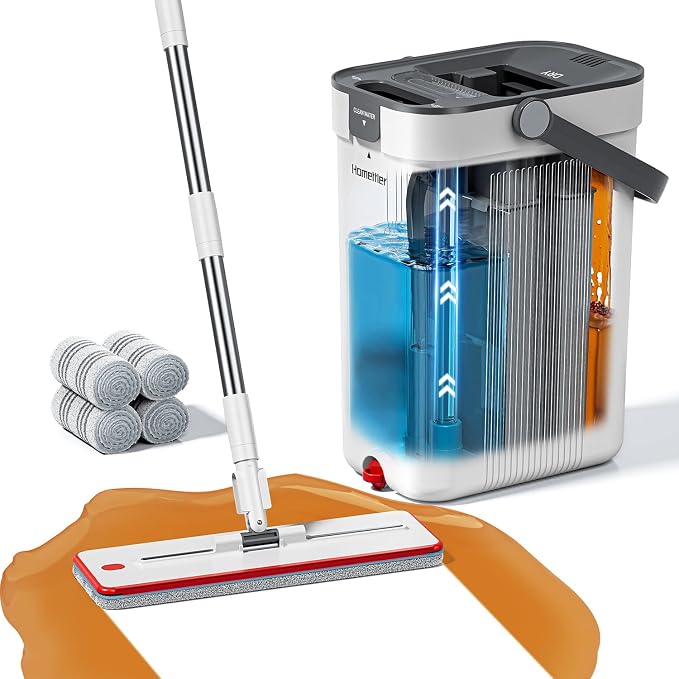 HoMettler Mop and Bucket Set, 3-Tank Flat Mop and Bucket System for Separate Dirty & Clean Water, 65" Mops for Floor Cleaning with 4 Washable Pads, Safe for Hardwood, Vinyl, Tile, Baseboards, Walls