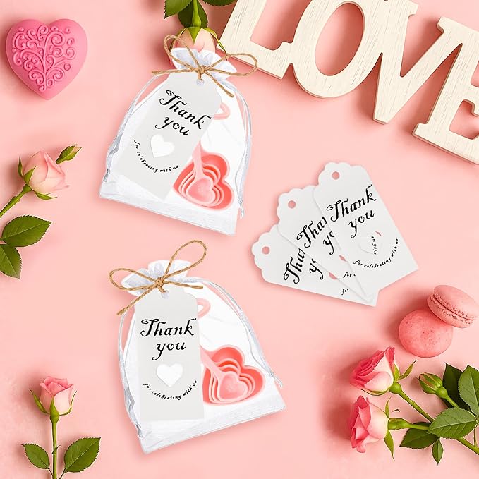 50 Set Heart Measuring Spoons: Wedding Bridal Shower Bulk Favors | Plastic heart measuring spoons with bags and cards. Practical souvenirs for wedding guests and bridal shower favors