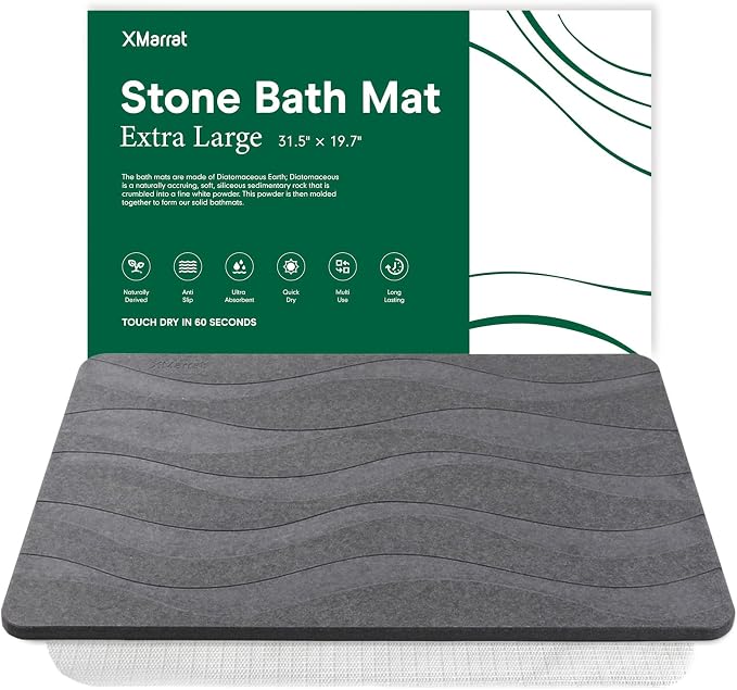 XMarrat Large Stone Bath Mat, 31.5'' x 19.7'' Super Absorbent Diatomaceous Earth Bath Mat Large, Quick Drying Non-Slip Diatomite Stone Bath Mats for Bathroom, Easy to Clean (Dark Gray)