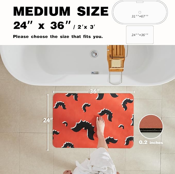 TYUU Halloween Bath Mat, Thin Halloween Bathroom Rug Non Slip Quick Dry Bat Bath Mat Fits Under Door Thin Floor Mat Halloween Decor, 24''x36'', Gothic Bats Orange