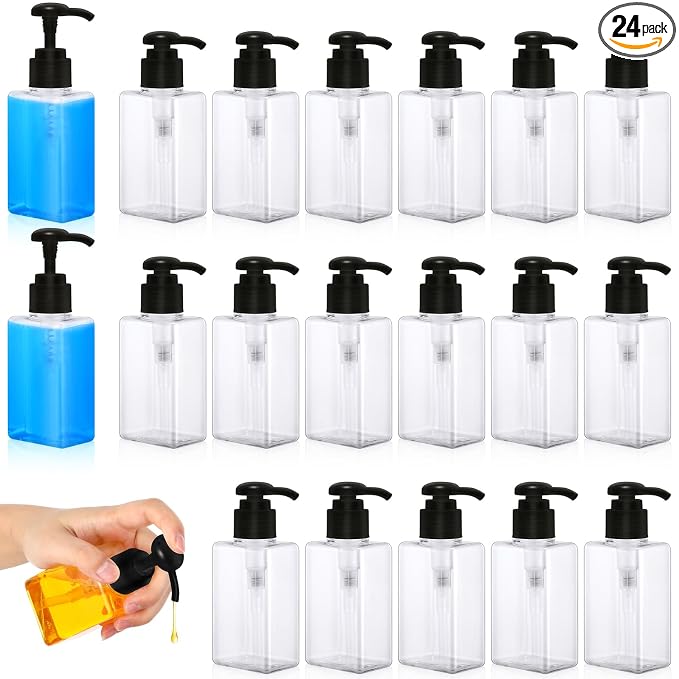 Domensi 24 Pcs 100ml /3.4 oz Pump Bottle Mini Travel Bottles Small Dispenser Containers Plastic Pump Lotion Dispenser Empty Square Travel Size Containers Toiletries (Black)