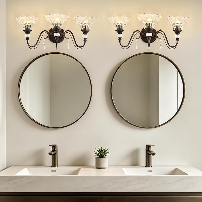 Vintage Bathroom Vanity Light, 3-Light Oil Rubbed Bronze Finish Wall Sconce with Hanging Crystal Accents and Flower-Shaped Clear Glass Shades, Retro Wall Mount Vanity Light Over Mirror for Bathroom