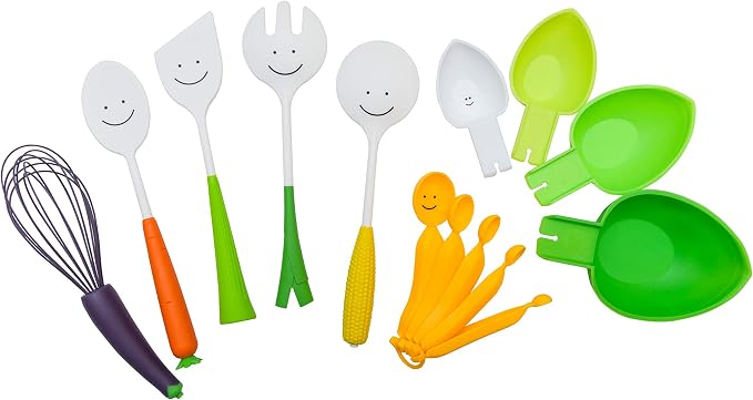 7-Piece Utensil Set - Sensory Friendly - Best Multicolor Kitchen Tools & Gadgets - Mixing Spoon, Spatula, Salad Servers, Whisk, Measuring Cups & Spoons