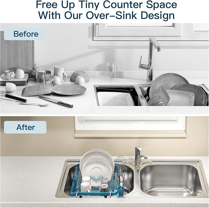 Blue Dish Drying Rack Over The Sink with Utensil Holder, Mat | Expandable Stainless Steel Dish Drainer for Small Kitchen, Apartment, RV, Counter Space Saving, Perfect Fit, Rustproof