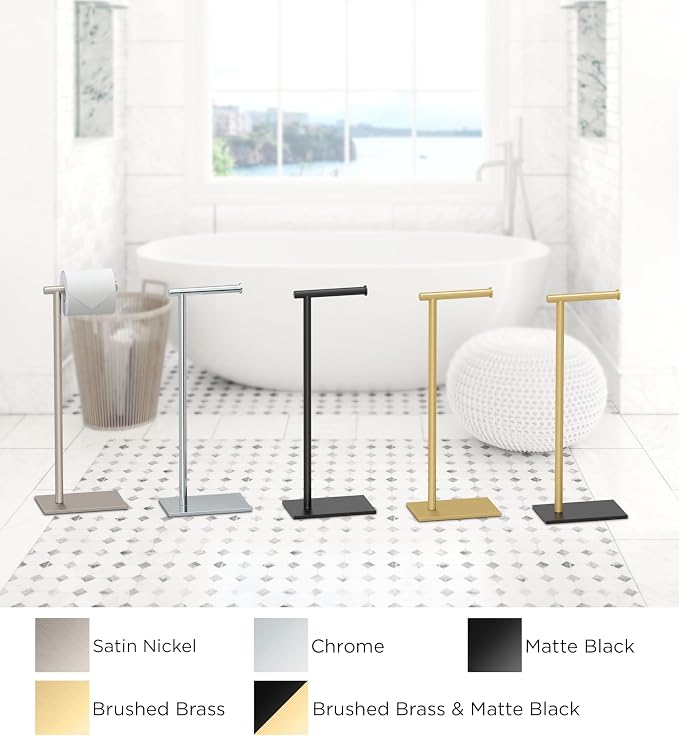 Gatco 1431SN Bathroom Toilet Paper Holder Stand, Freestanding Tissue Roll Holder, Weighted Base, Satin Nickel, 22.25 Inch, Modern Rectangle Base