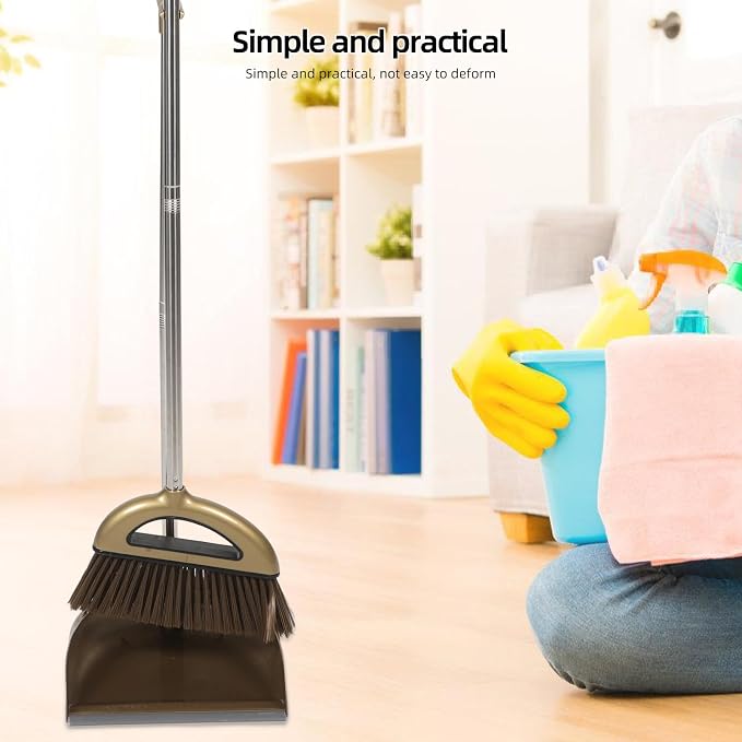 HEMOTON Broom and Dustpan Set with Cleaning Scraper, 3pcs Gold Household Sweeping Kit for Home Floor and Carpet Cleaning