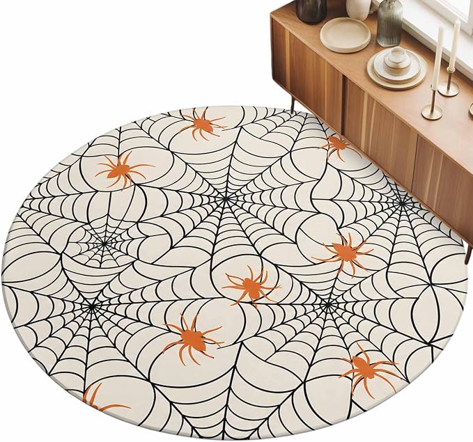 Round Area Rug 5', Halloween Washable Area Rugs for Living Room Kitchen Bedroom Nursery Dining Room, Orange Black Net Classic Spiders Gingham Non Slip Door Mat Indoor Floor Throw Circle Carpet