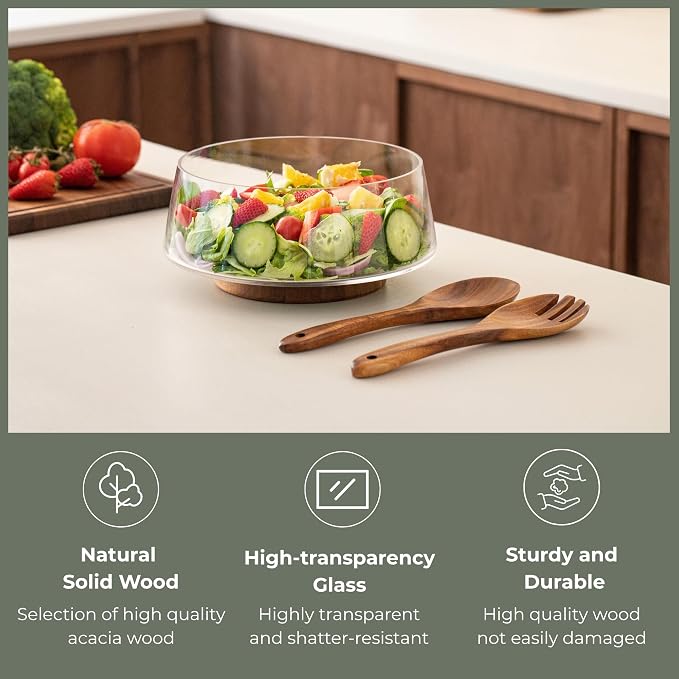 muso wood Salad Bowl Set Large-capacity Glass Salad Bowl with Acacia Wood Base and Salad Spoon-fork Perfect for Family Gatherings and Dinner Parties Mix Effortlessly