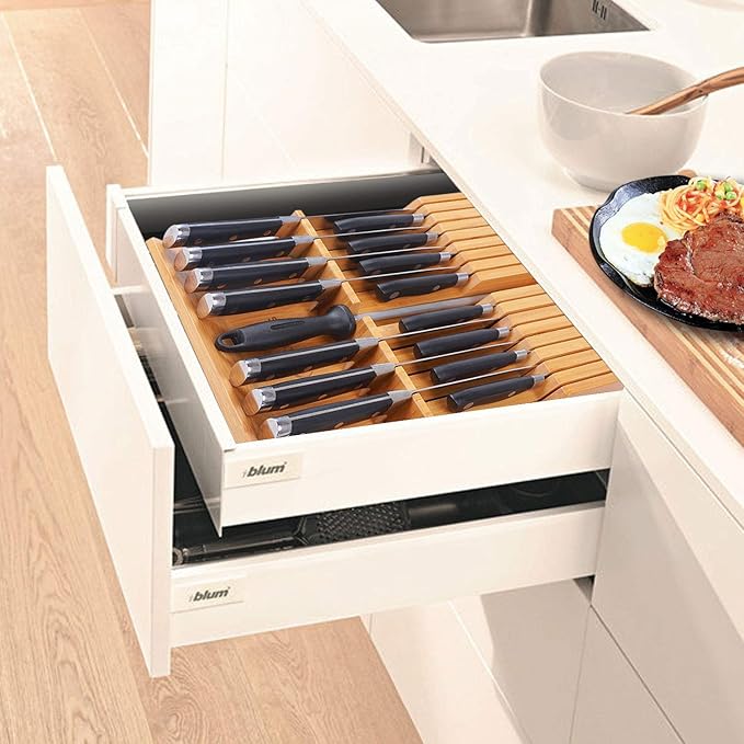 Utoplike In-drawer Knife Block Bamboo Kitchen Knife Drawer Organizer Large, handle Steak knife Holder without Knives, Fit for 16 Knife and 1 Sharpening Steel (Knives & Sharpening Not Included)