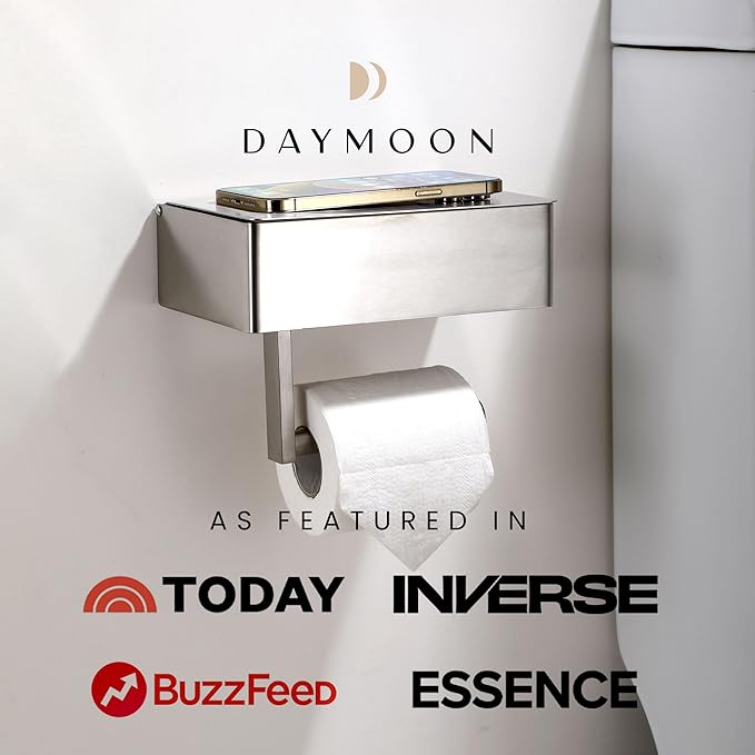 Day Moon™ - Toilet Paper Holder with Shelf - Modern Roll Holder for Bathroom - 1 Pack - Wall Mount - with Storage, Brushed Nickel